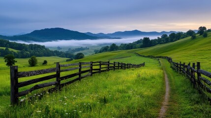 [serene rural landscape with wildflowers and distant hills] Serene Countryside Landscape with Rolling Hills and Majestic Mountains