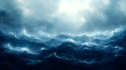 Fototapeta premium Turbulent ocean waves during a dramatic storm, powerful and intense sea with dark blue and grey colors, rough textures and dynamic motion