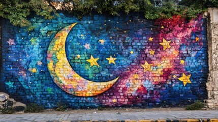 A whimsical wall mural featuring a crescent moon and stars painted on a brick surface