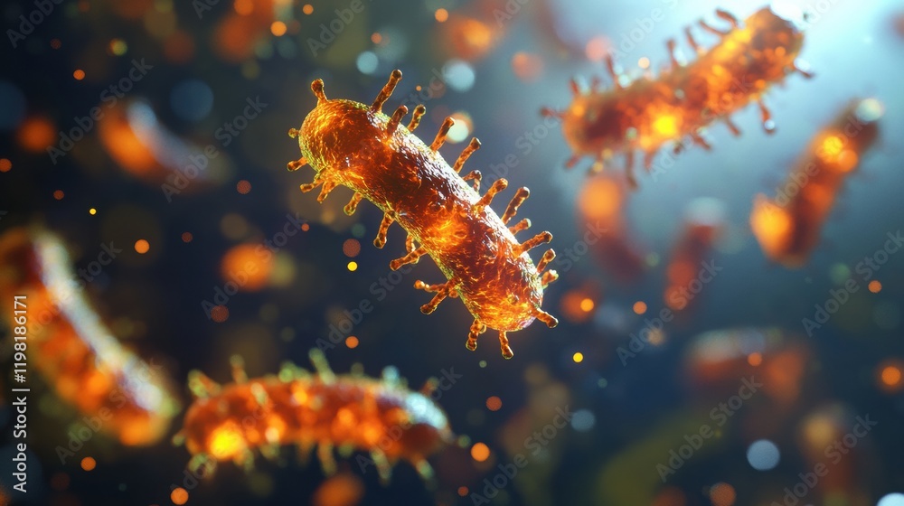 Poster vibrant 3d render showcasing microscopic microbes in a dynamic environment under a soft light source