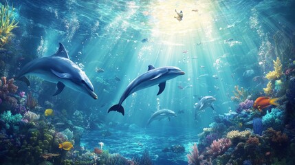 Obraz premium Dolphins swimming in crystal-clear waters with coral reefs visible below, illuminated by sunlight filtering through the surface,