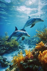 Obraz premium Dolphins swimming through a coral reef, their movements creating gentle currents that stir the vibrant underwater flora,