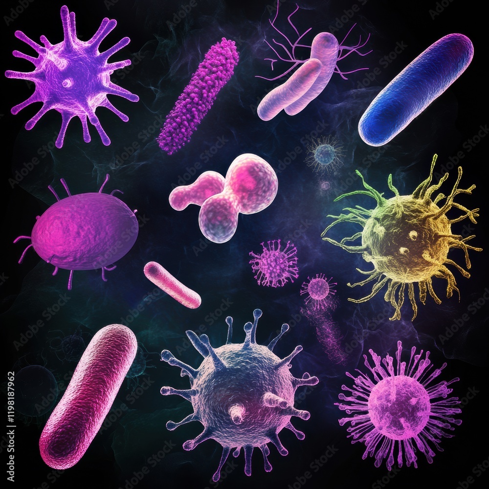 Poster sequence of evolving bacteria showcasing diversity in forms and colors under a microscope in a lab s