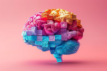 Colorful brain made of blocks is displayed on a table. The blocks are arranged in a way that resembles the different parts of the brain, such as the cerebellum, hippocampus, and frontal lobe