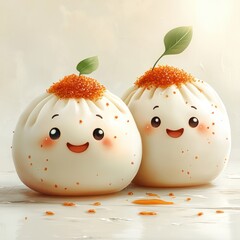 Whimsical Cartoon Dumplings with Expressive Faces Joyful Excitement Playful Colorful Illustration