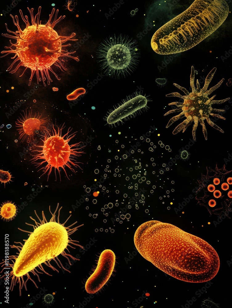 Poster exploring the intricate patterns of evolving bacteria in a microscopic environment. generative ai