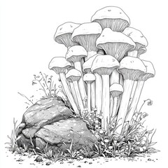 Cluster of Mushrooms Growing on a Rock: A Detailed Botanical Illustration