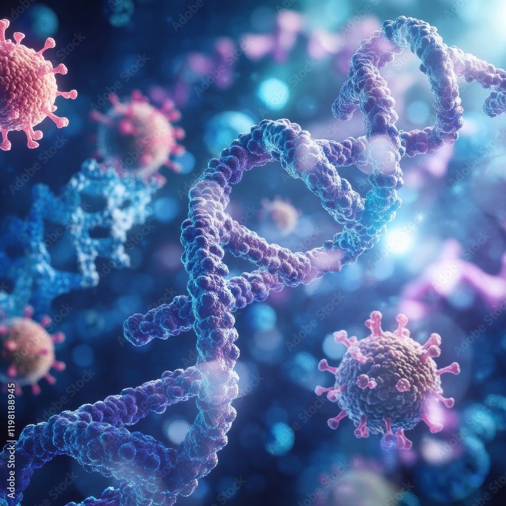 Leinwandbilder close up view of molecular rna chain surrounded by various viruses in a colorful digital environment