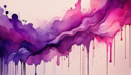 Vibrant Watercolor Paint Drips A Harmonious Blend of Purple and Pink on Grainy Paper Surface,...