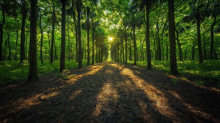 Fototapeta premium Sunlit Forest Path: A Serene Escape into Nature's Embrace
