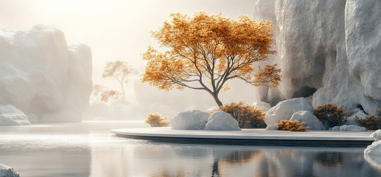 Autumn tree serene lake rocks misty landscape, zen garden design