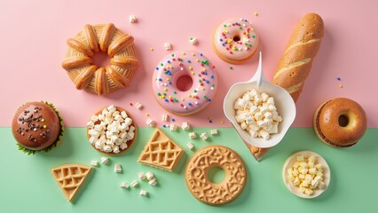 Crisp pastries arranged artfully on a vibrant pink and green backdrop. A medley of doughnuts gleams enticingly, each showcasing unique shapes and designs