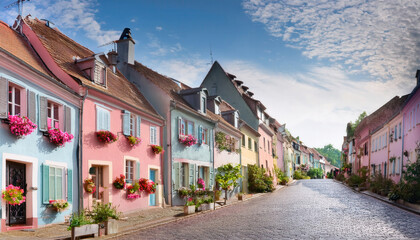 Fototapeta premium A charming view of a cobblestone street adorned with pastel-colored houses and vibrant flowering window boxes. The picturesque scene evokes a sense of tranquility and warmth, perfect for travel-themed