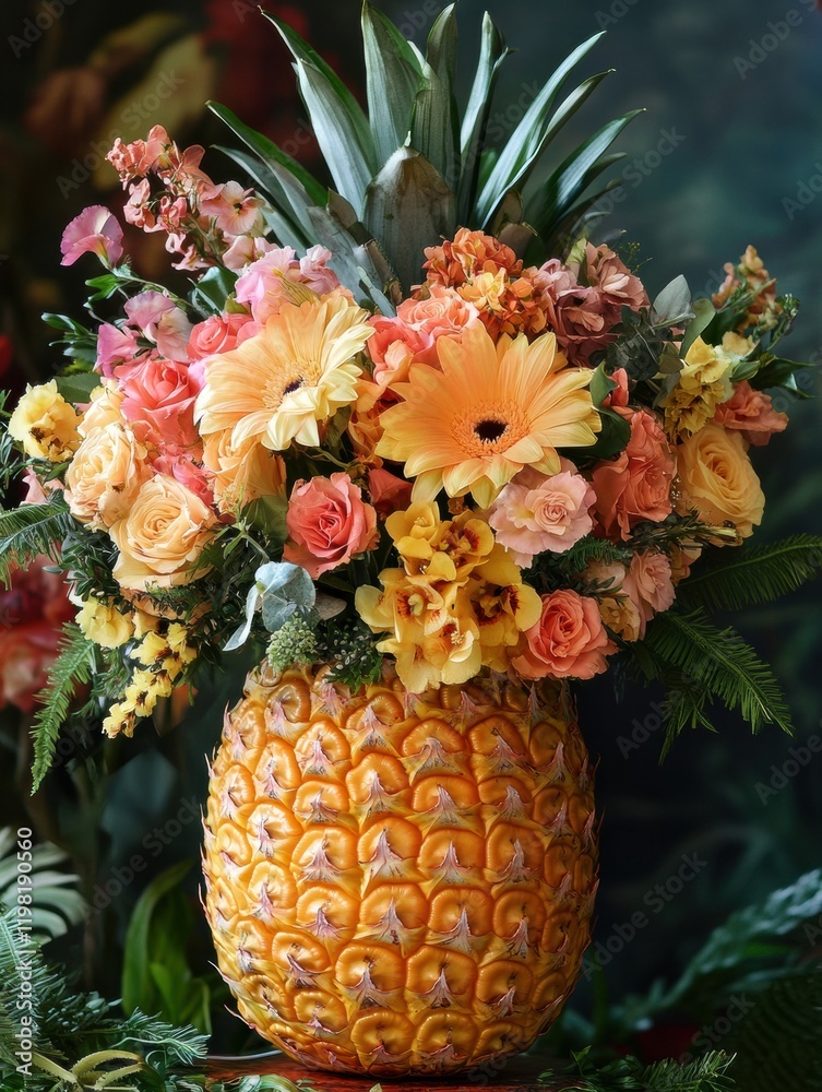 Poster floral arrangement featuring vibrant flowers in a pineapple container for a cheerful display. genera