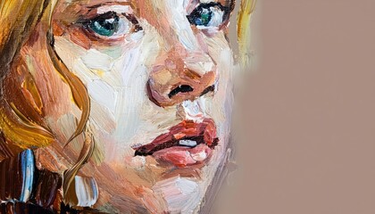 Expressive Fragment of a Young Beautiful Girl Portrait, Capturing the Vibrant Emotions and Radiant...