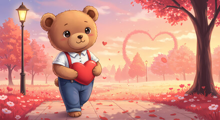 Valentine's day theme illustration background wallpaper cute teddy bear holding a heart love  