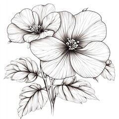 Elegant Line Art Hibiscus Flower Drawing: Black and White Botanical Illustration, Vintage Floral Design, Nature Print