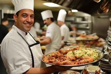 Chef holding a large platter of freshly cooked dishes, smiling in a busy kitchen,