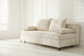 Comfortable sofa with pillows in light room