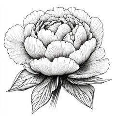 Elegant Monochrome Peony Flower: Botanical Line Art Print, Vintage Floral Illustration, Black and White Detailed Drawing, Classic Nature Design
