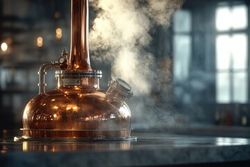Copper still with steam rising, distilling alcohol in a distillery.