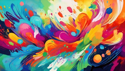 Vibrant and Abstract Artwork Kaleidoscopic Swirls of Color Amidst a Backdrop of Shapes and Splashes of Paint on a Stark Background, Created by Generative AI in the Year .