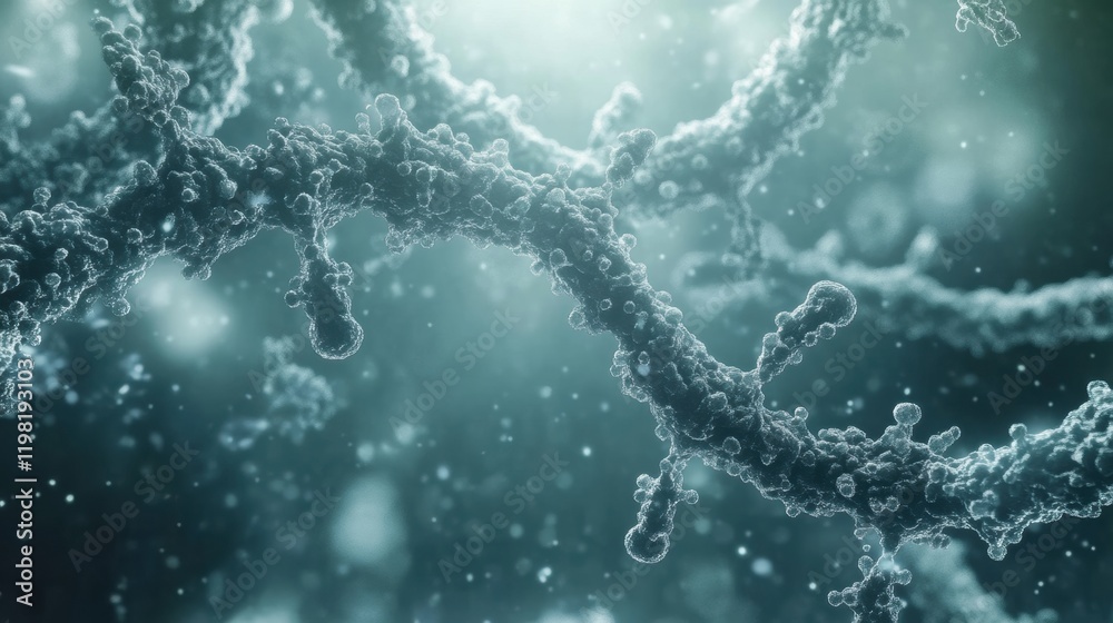 Poster Close up view of molecular RNA chain surrounded by various viruses in a dynamic environment. Generative AI