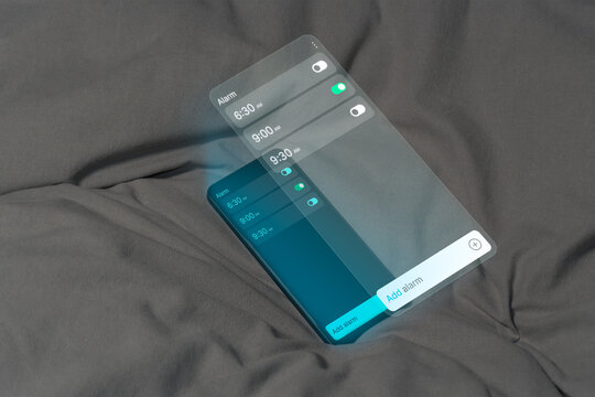The phone screen displays three set alarms. Only the alarm for 9:00 is active, glowing with neon green light, creating a sense of minimalism and late waking, emphasized by a bright, modern design.