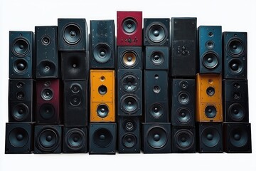 Dynamic Vintage Speakers in Retro Music Scene with Bright Colors and Monochrome Background