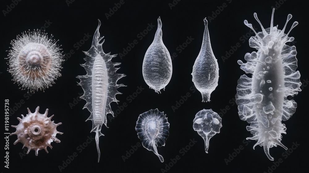 Poster Sequence showing the evolution of various bacterial forms in a laboratory setting. Generative AI