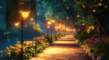 Obraz premium A beautifully lit pathway leading to the river, lined with lamps and flowers, inviting tranquility and devotion.