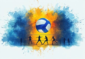 Dynamic Volleyball Scene with Blue and Yellow Ball Abstract Background Design