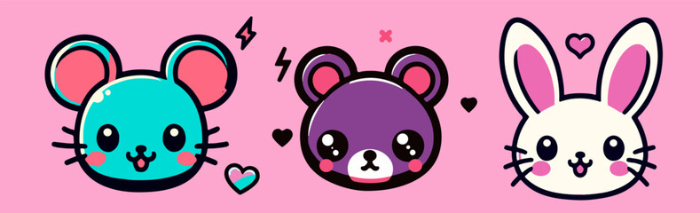Cute rabbit, bear and mouse in anime kawaii style surrounded by hearts on a pink background. Trendy vector illustration for a t-shirt print, stickers or patches.
