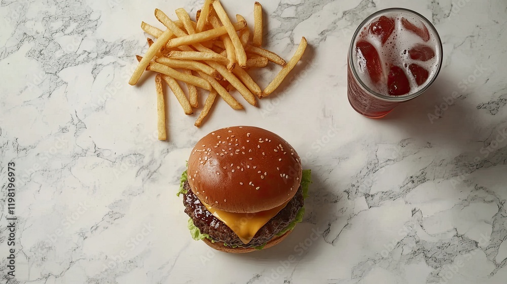 Wall mural Aerial shot of a burger with melted cheese, golden fries, and a soda drink placed on a neutral-colored surface.