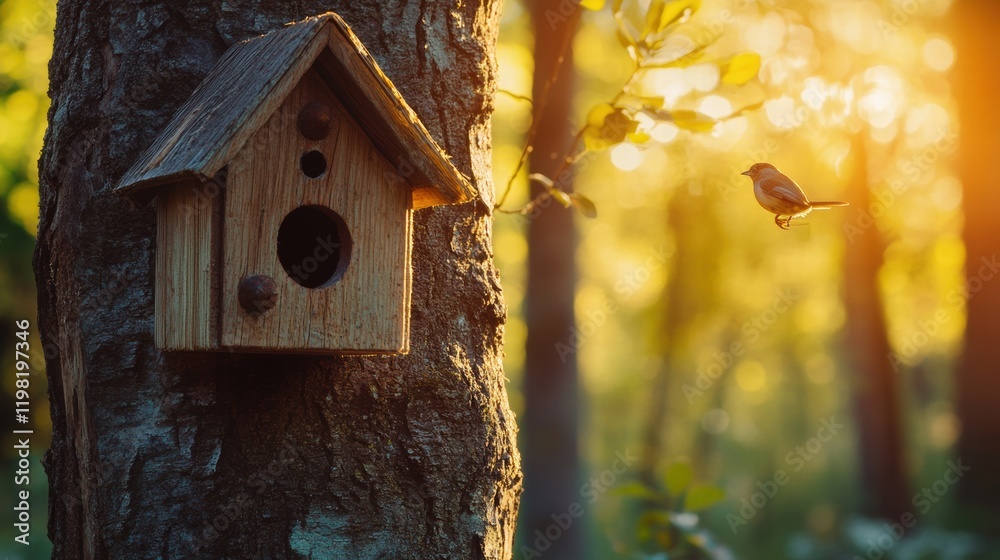 Aufkleber wooden birdhouse hangs on tree while small birds perch and enjoy sunlight in forest during a serene 