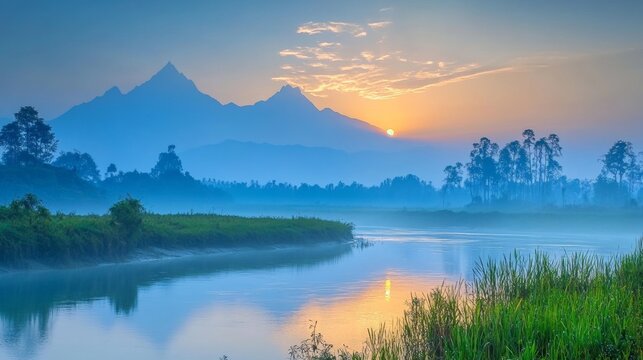 Sunrise view over the river in Sauraha, Chitwan, Nepal.