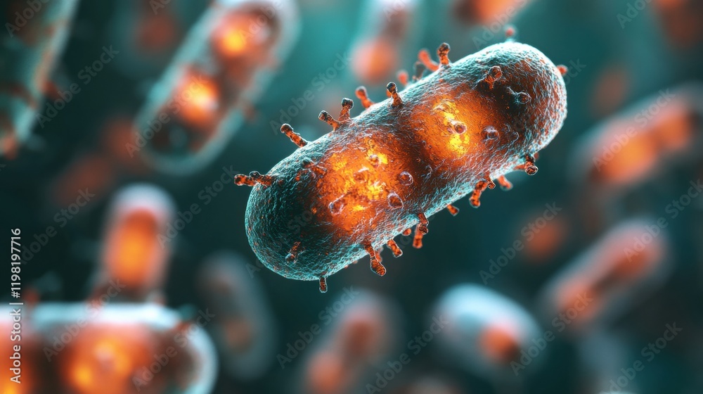 Poster 3d render showing the intricate details of microbes in a vibrant environment with glowing elements. 