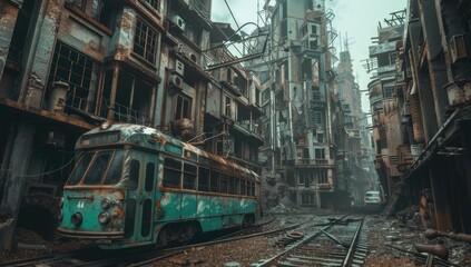 Fototapeta premium An old tram sits on the tracks in a dilapidated city. AI.