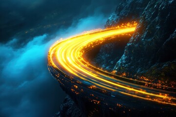 Fototapeta premium Glowing road curves around a mountain peak at night, overlooking clouds. Perfect for projects on speed, technology, or futuristic concepts.