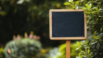 A blank chalkboard sign mounted on a wooden stand, positioned in front of a lush green background.