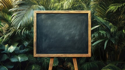A blank chalkboard sign mounted on a wooden stand, positioned in front of a lush green background.