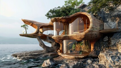 A modern home built into a rocky cliff overlooking the water. AI.