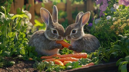 Obraz premium A charming pair of rabbits nibbling on fresh carrots in a cozy garden.