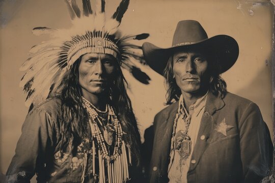 Native American chief and cowboy standing together