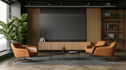 A blank digital display screen on a wall of a modern office, framed by clean, minimalist decor.