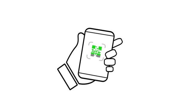 Hand holding smartphone with QR code scanning concept. Scanner icon animation isolated on white color background. Suitable for transaction, product identification, and authentication. Motion graphics.