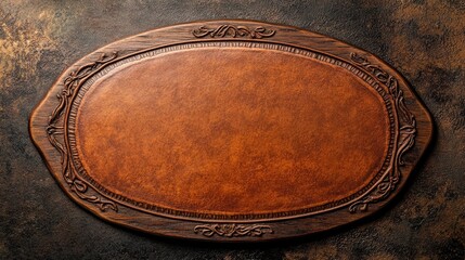 A blank, oval-shaped clay sign with intricate edges, resting on a wooden base.