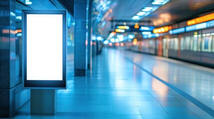 A bright interactive digital signage screen in a public transport station, with a blank display.