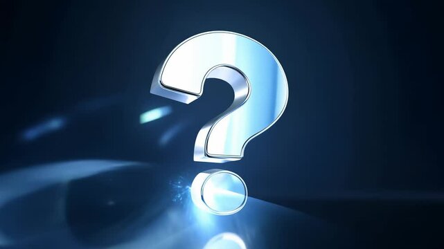 A metallic silver question mark symbol on a dark gradient background, representing curiosity, uncertainty, and inquiry in design, 4k video footage
