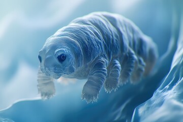 Microscopic water bear, tardigrade, eight legs, segmented body, survives extreme conditions.
